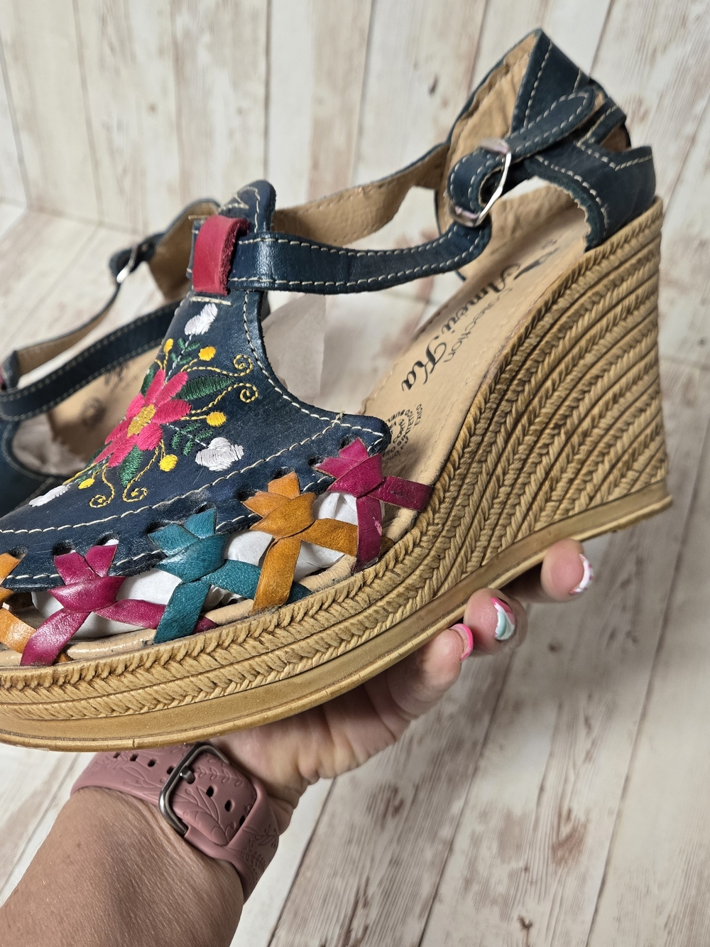 AmeriKa Collection Teal Embroidered Boho Espadrille Wedge Sandals Sz 25 (US 8) - Picture 6 of 16